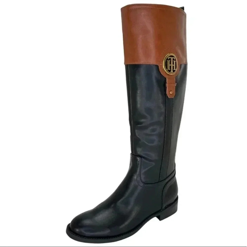 Tommy Hilfiger Ilia4 Black Tan Faux Leather Knee High Womens Boots Size 5M